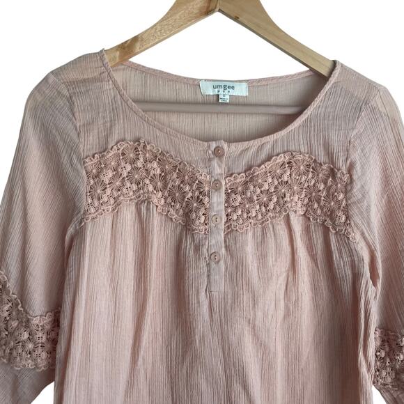 Umgee Women Tunic Top S Peach Flower Crochet Inlet Gauzy Boho Cottage Prairie - Picture 9 of 10
